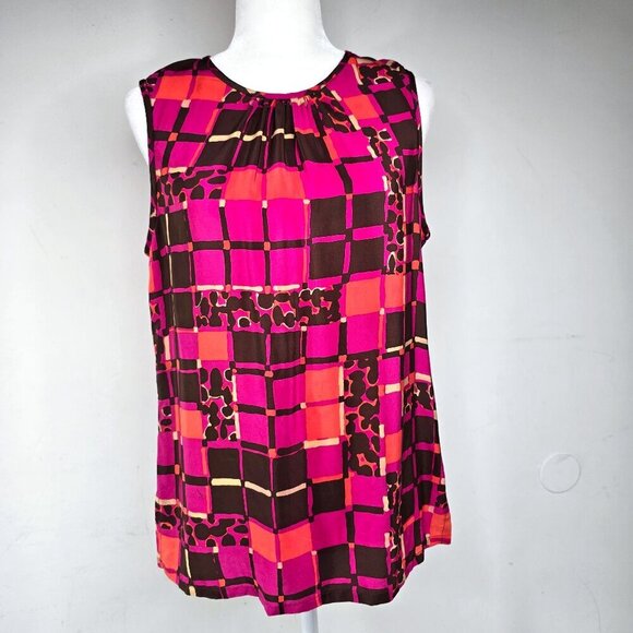 Trina Turk Pink Brown Silk Sleeveless Mod Rectangle Blouse - Picture 1 of 9